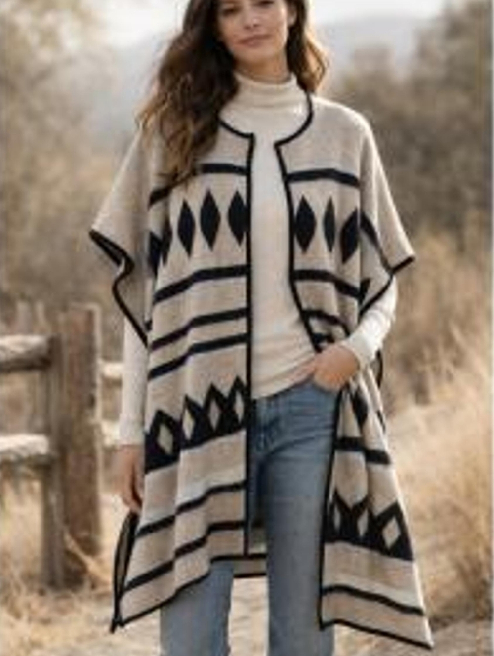 Lucky Brand Aztec Poncho Sweater Boho Southwestern Ruana Open Front